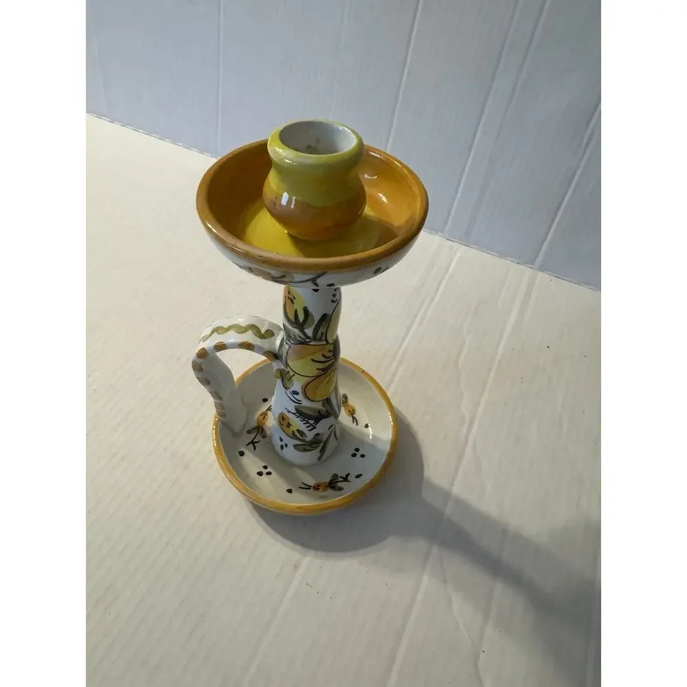 Yellow Floral Ceramic Candle Holder Round with Handle Hand Painted Spain Dish